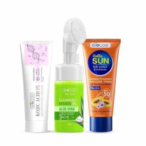 Biocos Brightening Boost Bundle | Sun Protection & Moisture Cream Spf 50 Kojic Acid Cream For Dark Spots & Hyperpigmentation Aloe Vera Face Wash Mousse – Protect Brighten And Refresh Skin