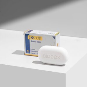 Biocos Beauty Soap (Small) Acne Fighting & Hydrating Soap With Papaya Extract Aloe Vera & Vitamin E – Brightens Moisturizes & Clears Skin (90gm)